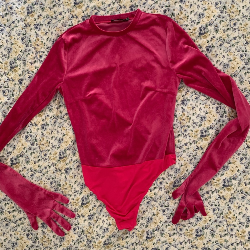PLT pink velvet gloved bodysuit